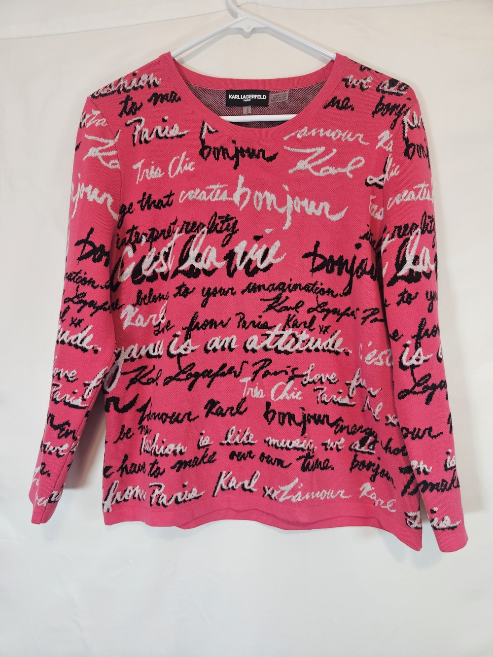Karl Lagerfeld Paris Pink Allover French Script Logo Pullover Sweater Casual